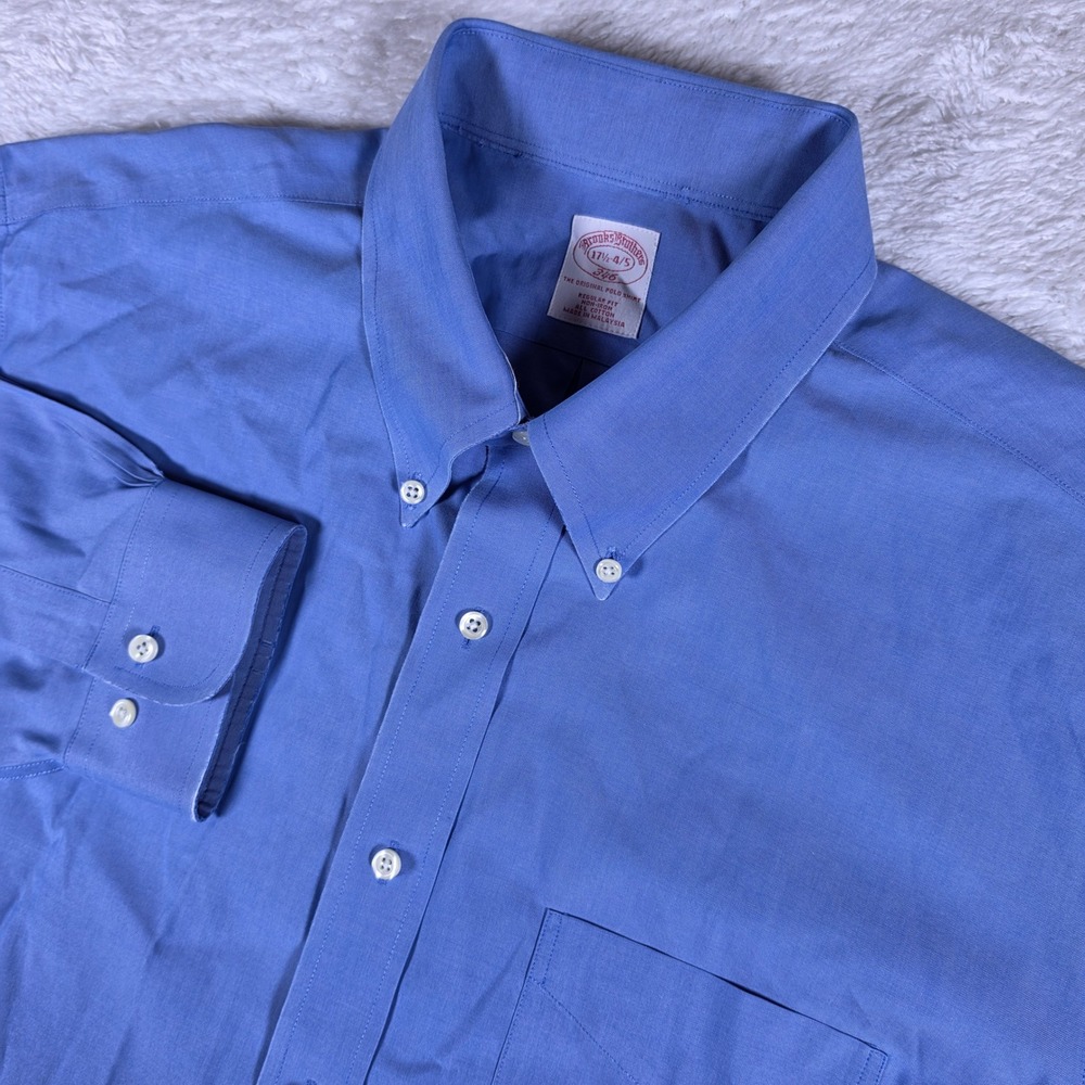 Brooks Brothers 346 Mens 17.5-4/5 Blue L/S Button Up Regular Fit Non-Iron Cotton